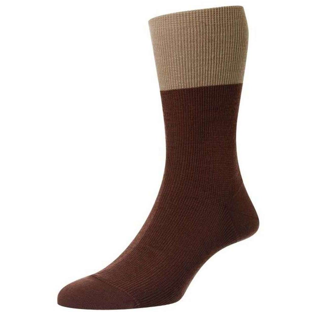 Pantherella Grindon Semi Plain Merino Wool Socks - Conker/Light Khaki