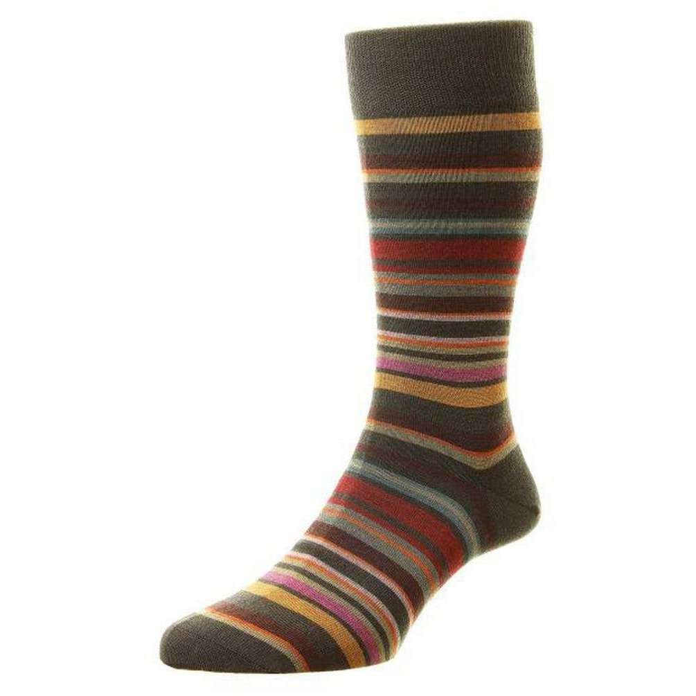 Pantherella Quakers All Over Multi Stripe Merino Wool Socks - Chocolate Brown