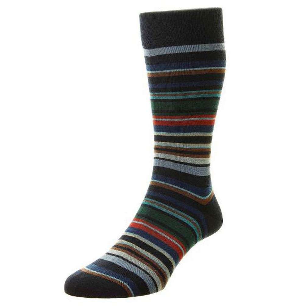 Pantherella Quakers All Over Multi Stripe Merino Wool Socks - Navy
