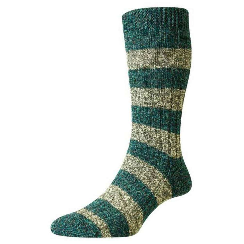 Pantherella Rockley Block Stripe Rib Recycled Cotton Socks - Lagoon Mix/Green