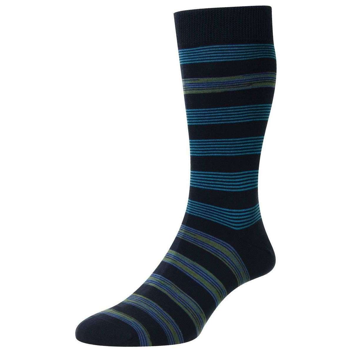 Pantherella Rubra Block Stripe Space Dye Organic Cotton Socks - Dark Petrol/Blue