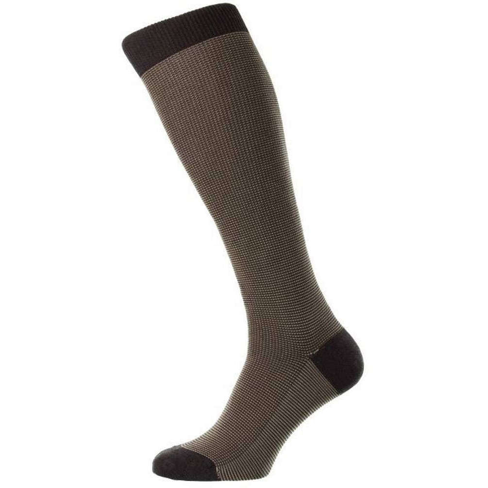 Pantherella Tewkesbury 3 Colour Birdseye Cotton Fil D’Ecosse Over the Calf Socks - Dark Brown Mix