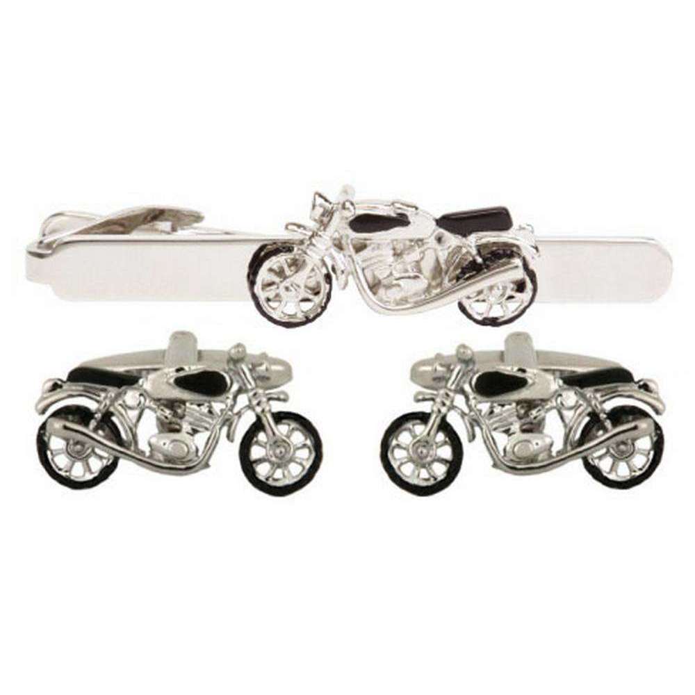 David Van Hagen Motorbike Cufflinks and Tie Clip Set - Silver/Black