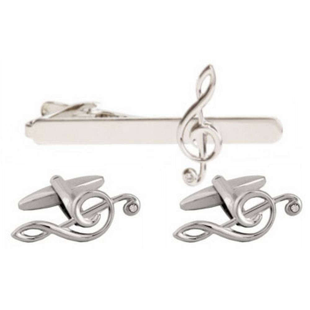 David Van Hagen Treble Clef Cufflinks and Tie Clip Set - Silver