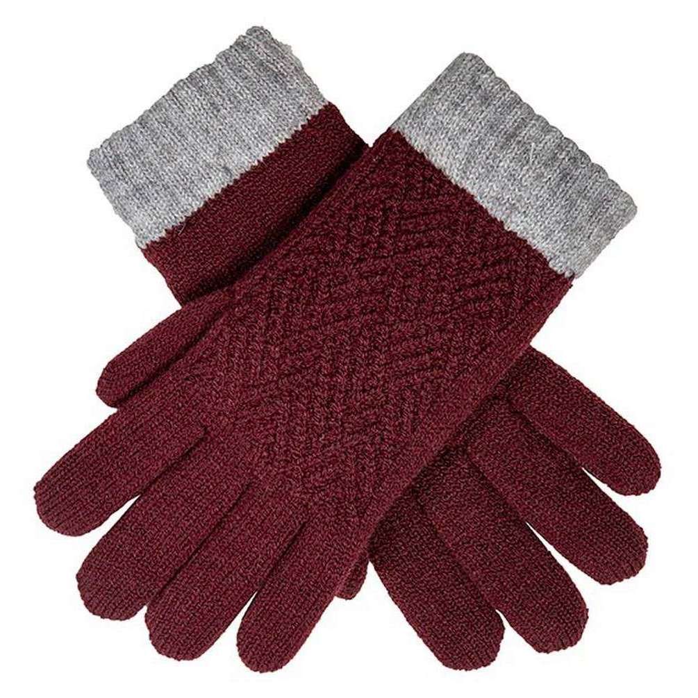 Dents Patchwork Cable Knit Gloves - Claret Burgundy