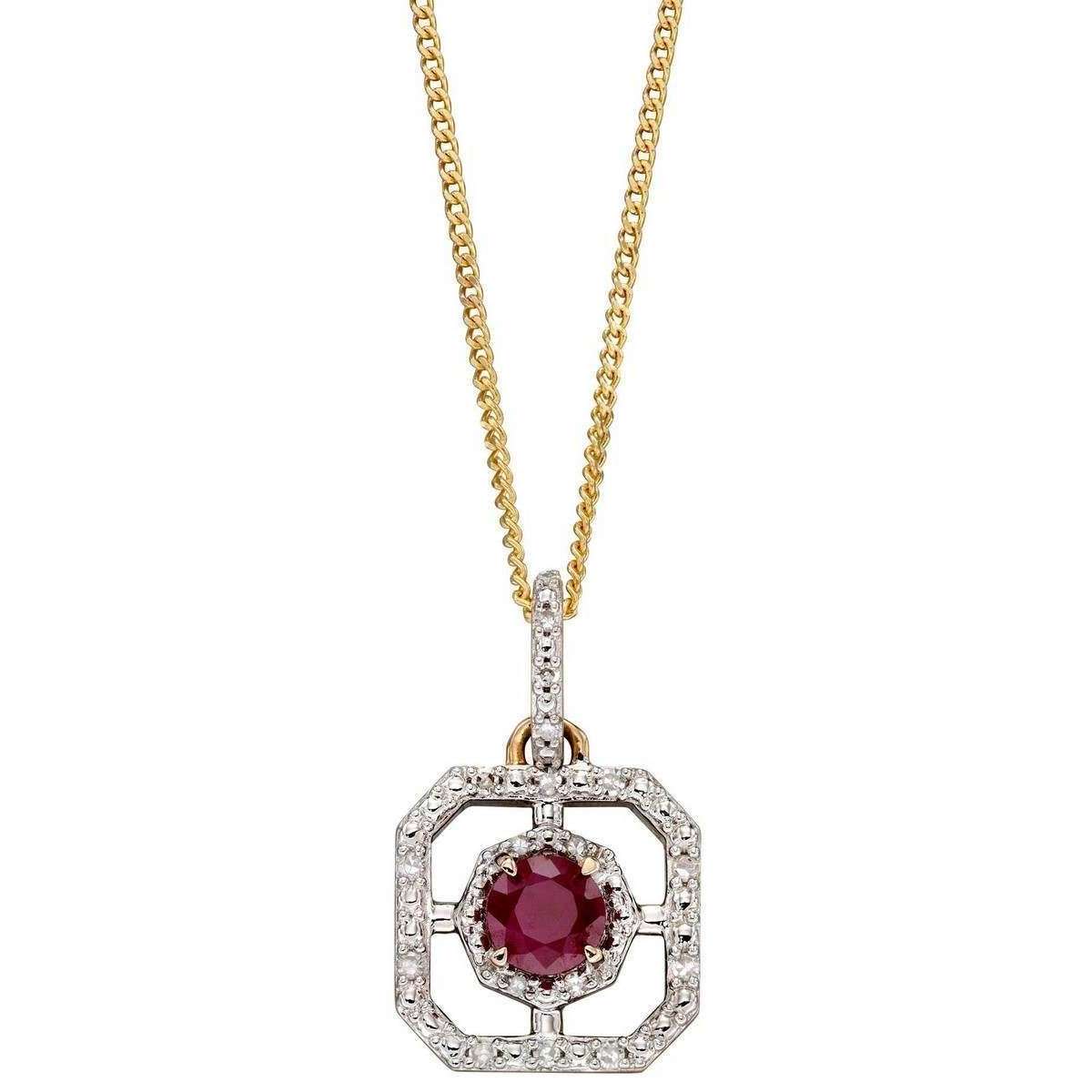 Elements Gold Ruby and Dimond Art Deco Pendant - Gold/Clear/Red