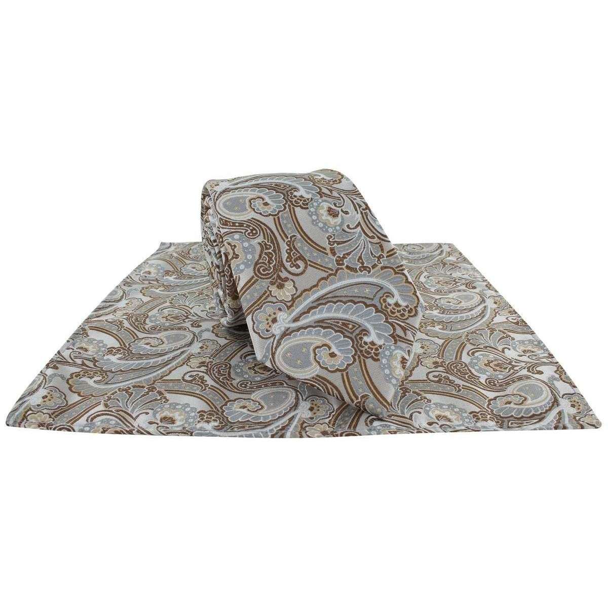 Michelsons of London Ornamental Paisley Polyester Tie and Pocket Square Set - Taupe/Brown