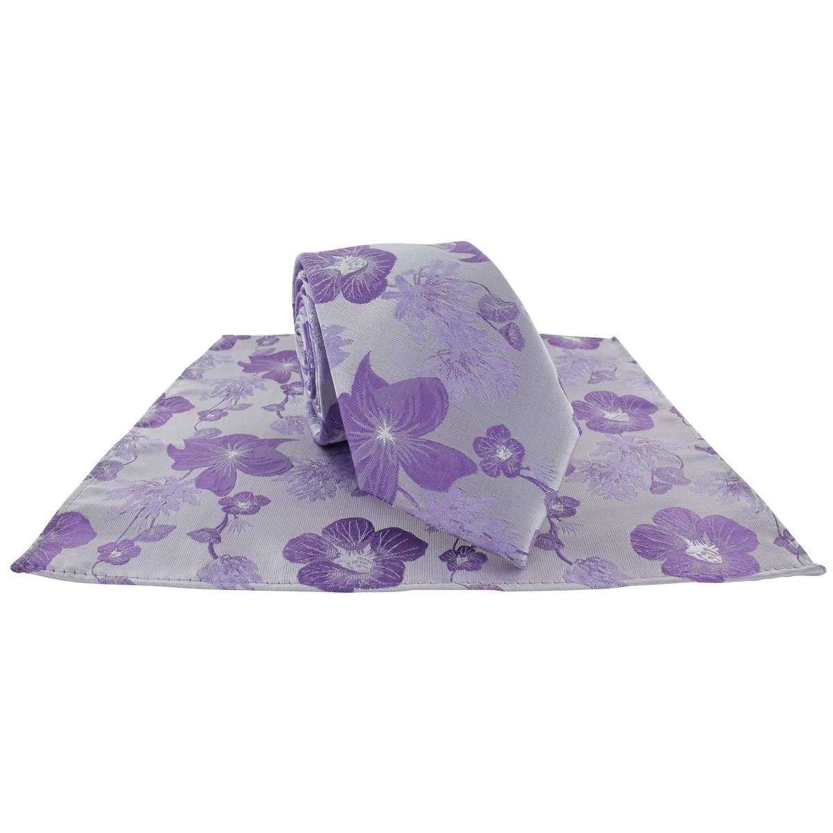 Michelsons of London Oversized Floral Polyester Tie and Pocket Square Set - Purple