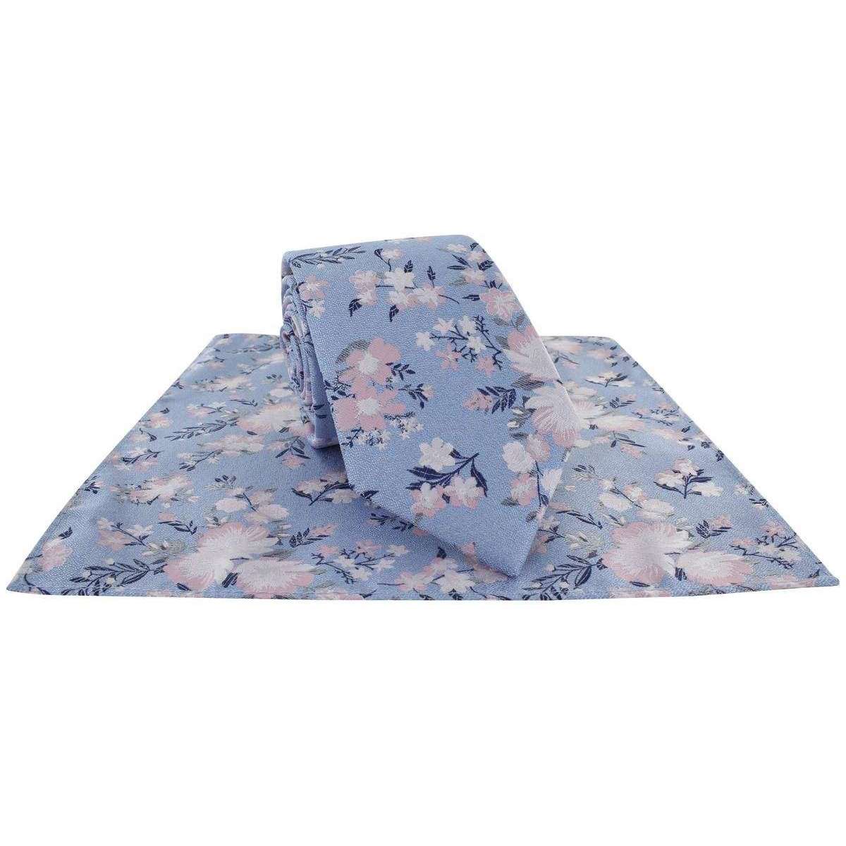 Michelsons of London Textured Springtime Floral Polyester Tie and Pocket Square Set - Blue/Pink