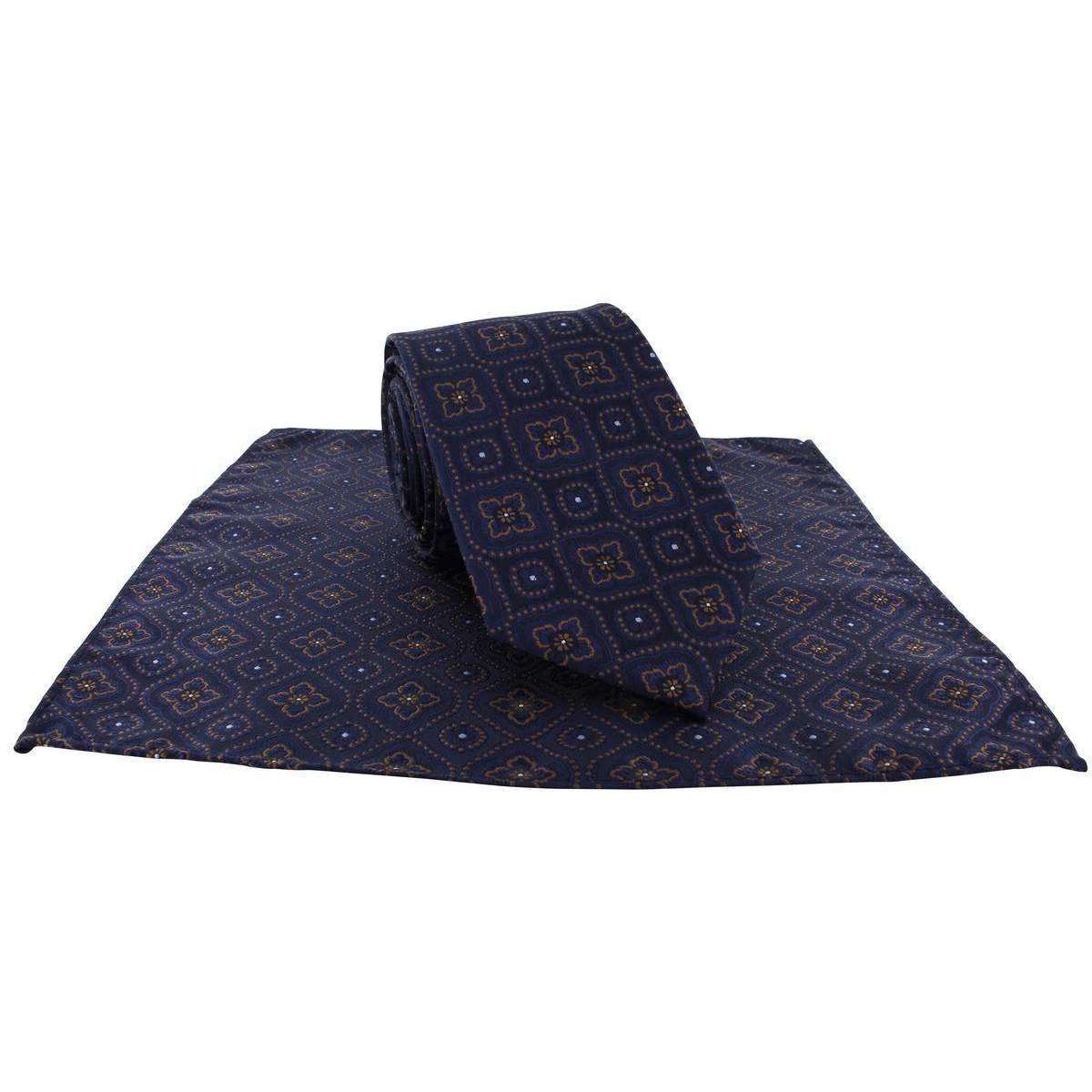 Michelsons of London Traditional Medallion Tie and Pocket Square Set - Navy/Brown