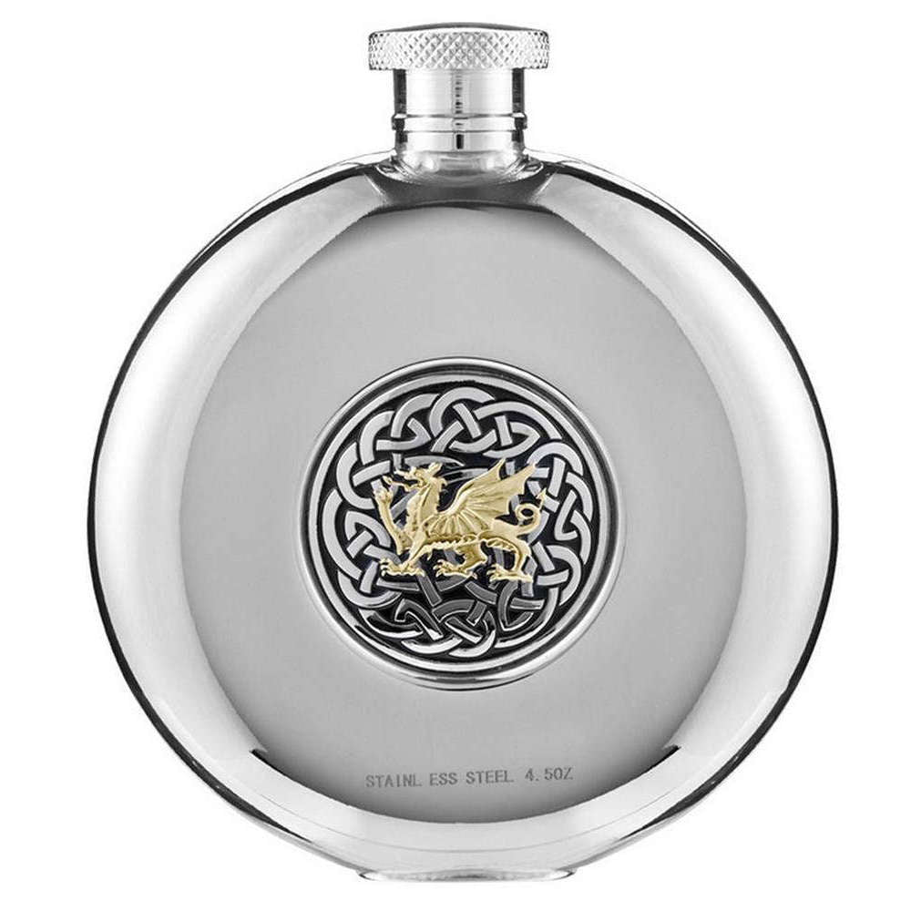 Orton West 4oz Welsh Dragon Porthole Hip Flask - Silver