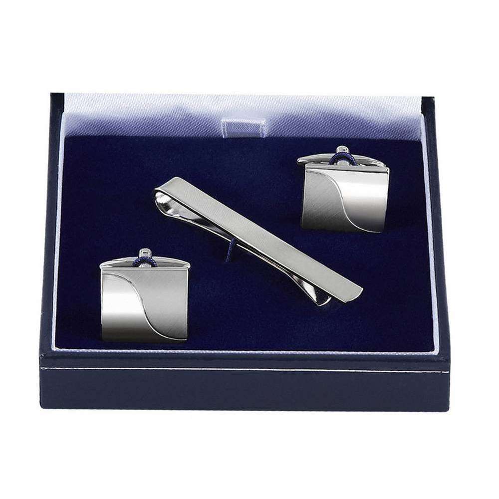 Orton West Half and Half Cufflinks and Tie Bar Set - Silver