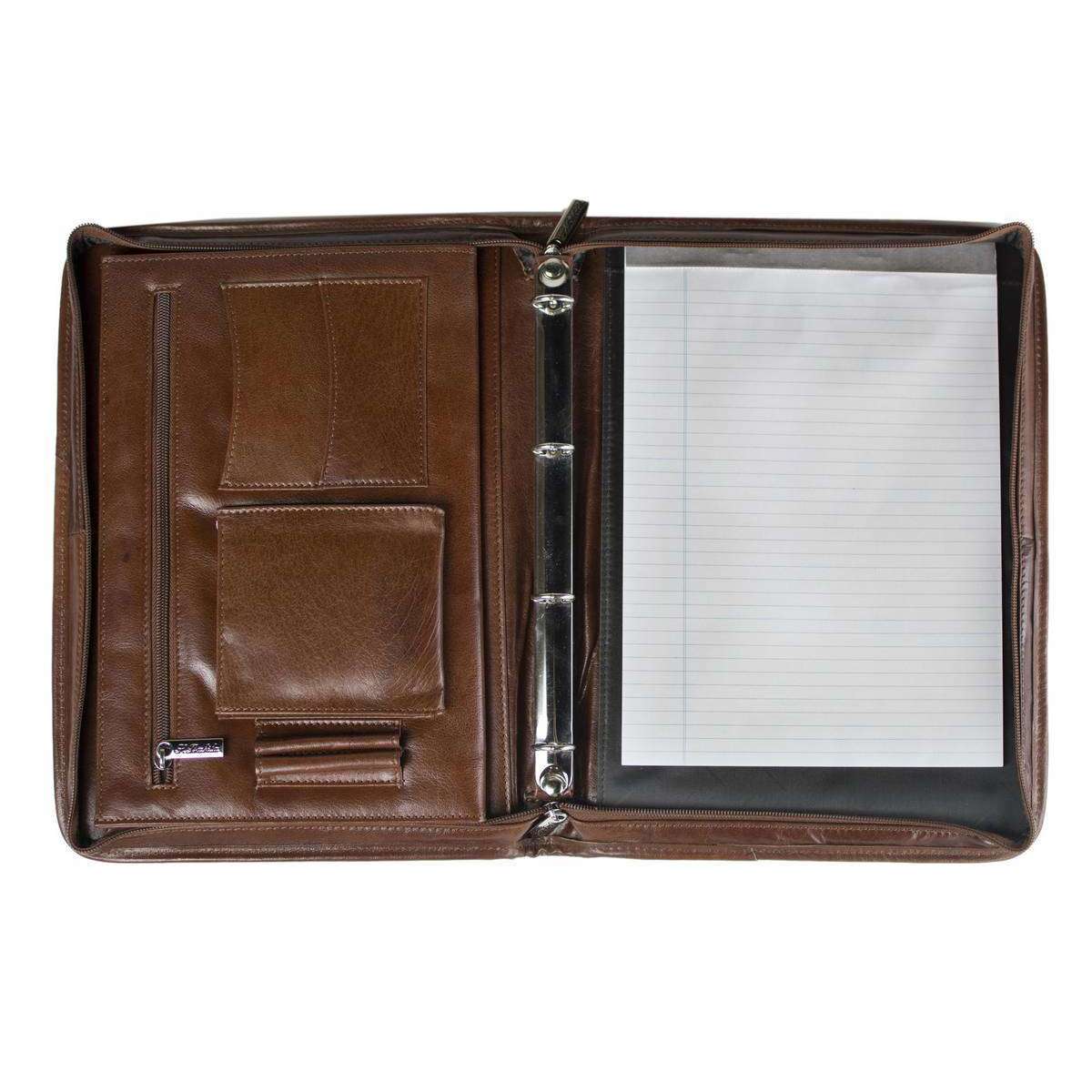 San Babila Italian Grain Leather Zipped Folio - Cognac