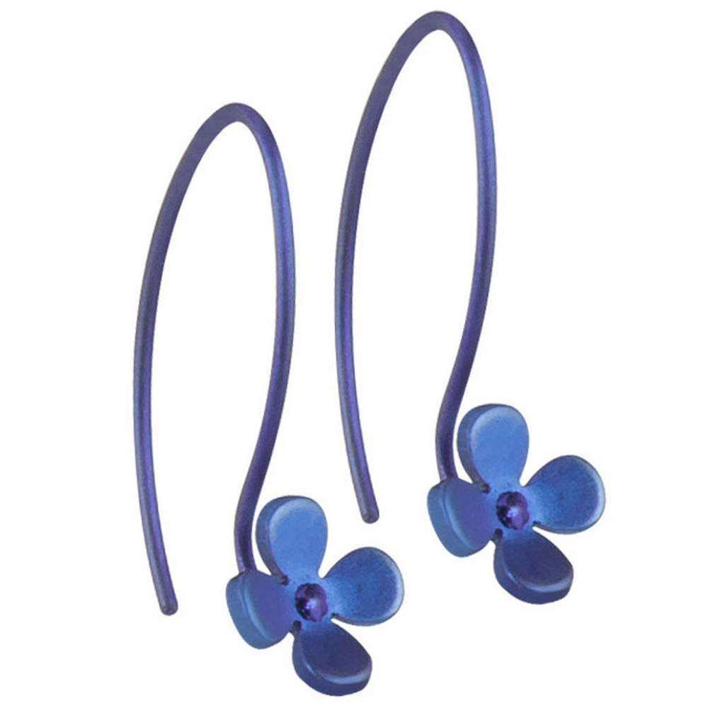 Ti2 Titanium 8mm Four Petal Flower Drop Earrings - Navy