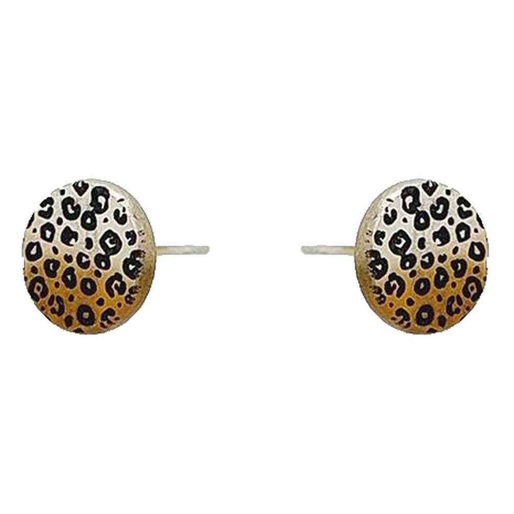 Ti2 Titanium Leopard Print Round Stud Earrings - Silver/Brown