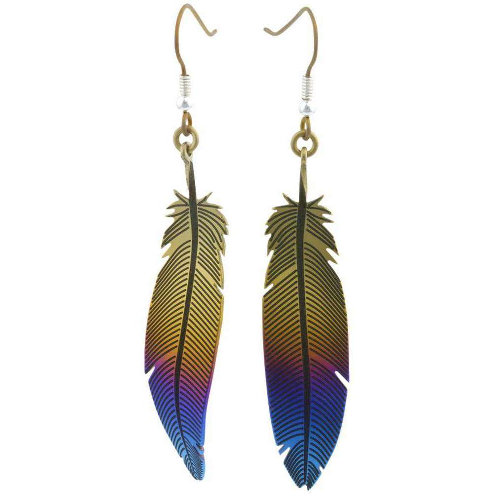 Ti2 Titanium Woodland Feather Drop Earrings - Brown