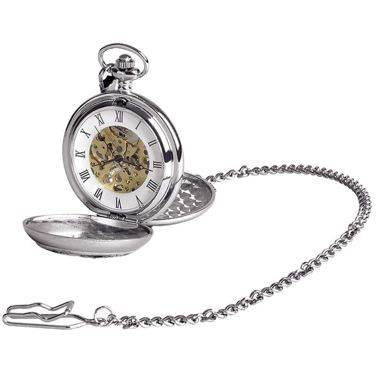 Woodford Celtic Dragon Chrome Plated Double Full Hunter Skeleton Pocket Watch - Silver/Gold/Black