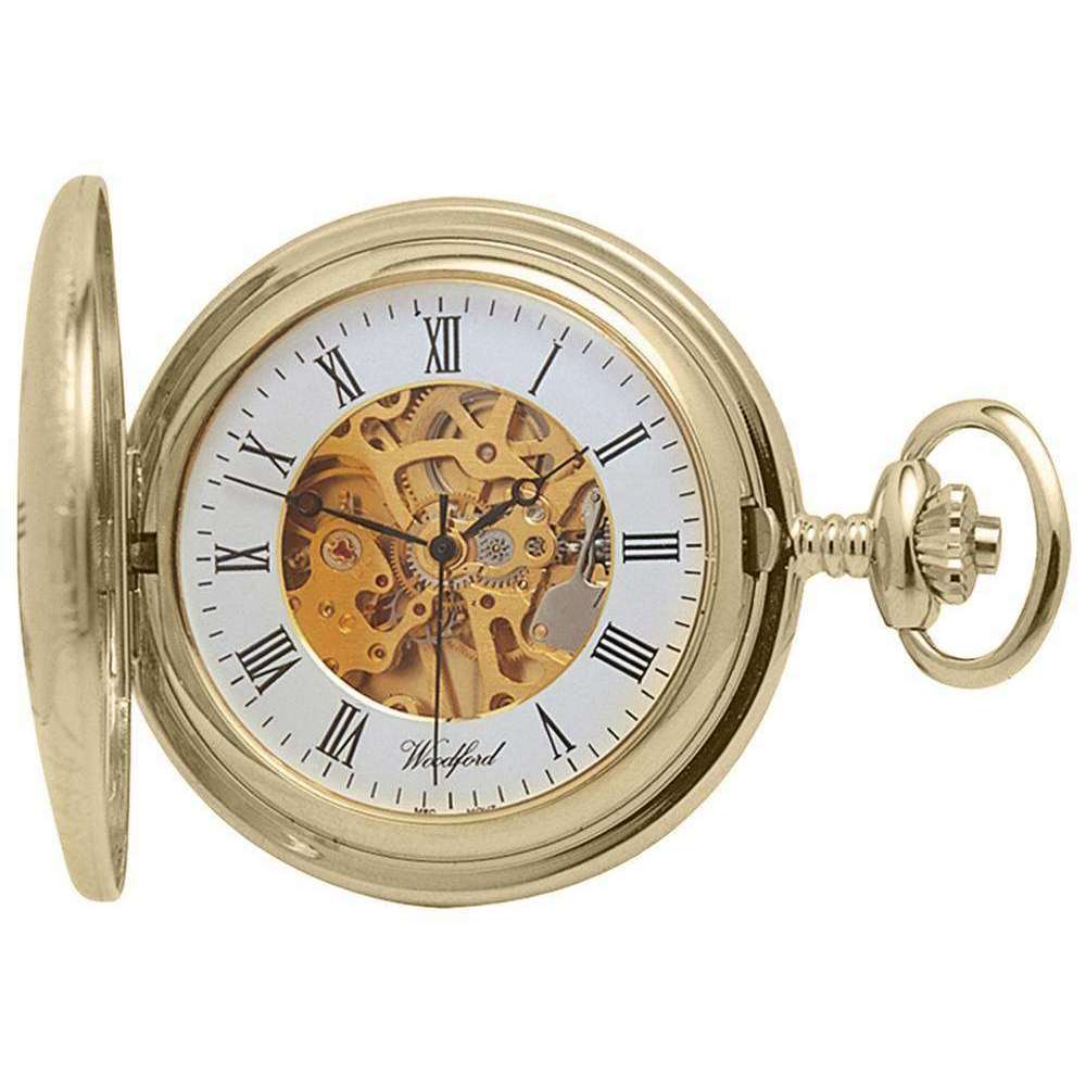 Woodford Gold Plated Full Hunter Skeleton Mechanical Pocket Watch - Gold
