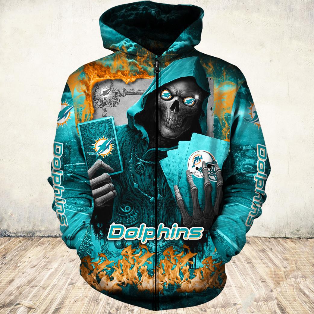 NFL Miami Dolphins Skull Funny Green Hoodie, Zip Hoodie 3D All