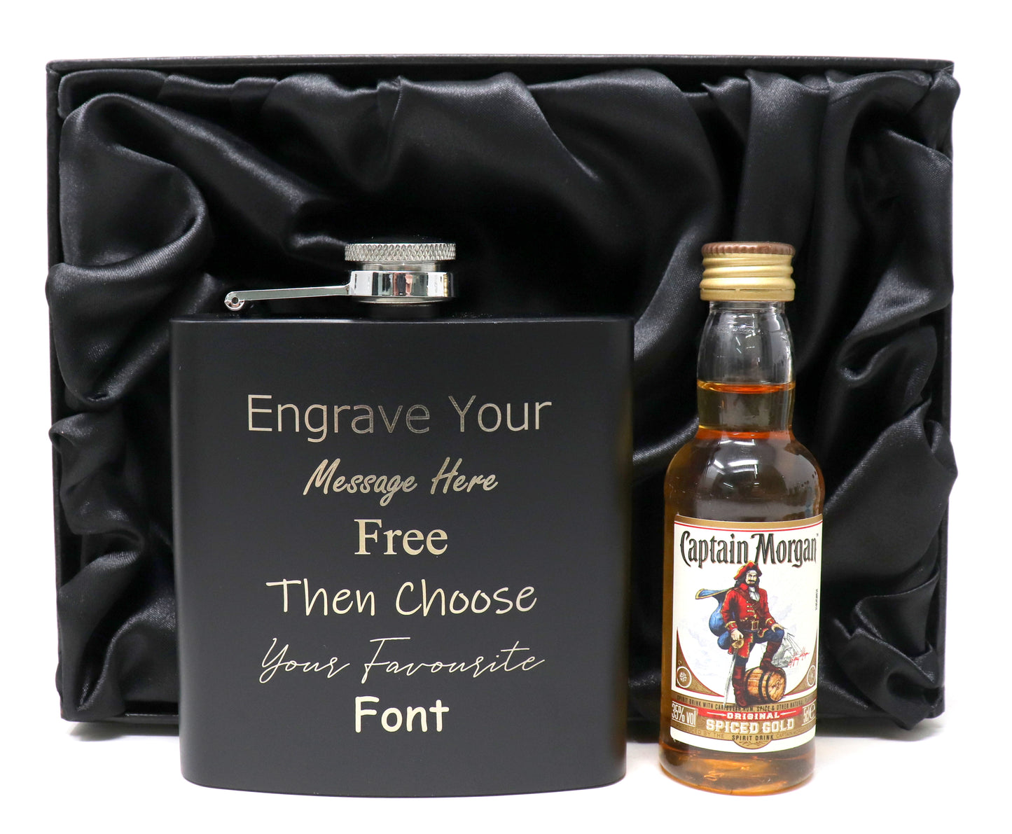 Personalised Black Hip Flask & Miniature in Silk Gift Box