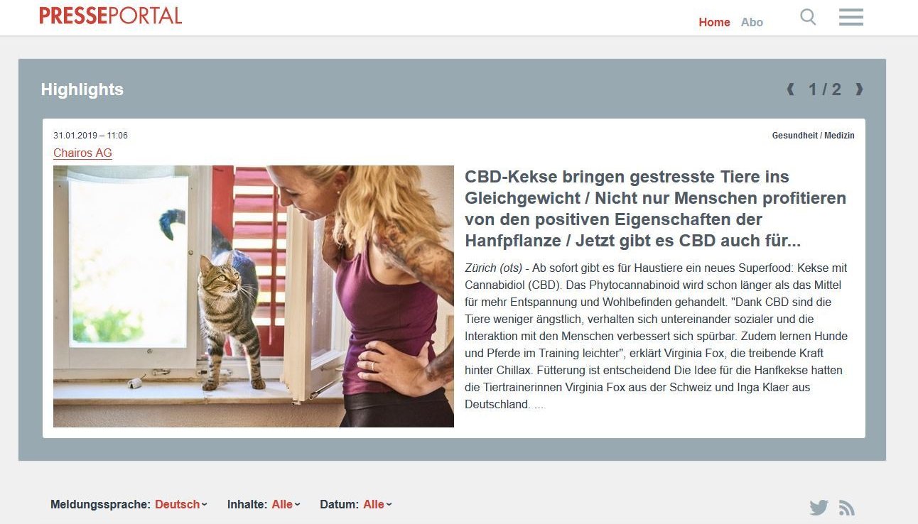 Pressemitteilung Chillax Launch - CBD-Kekse bringen gestresste Tiere ins Gleichgewicht  Nicht nur Menschen profitieren von den positiven Eigenschaften der Hanfpflanze. Jetzt gibt es CBD auch für Hunde, Katzen und Pferde.