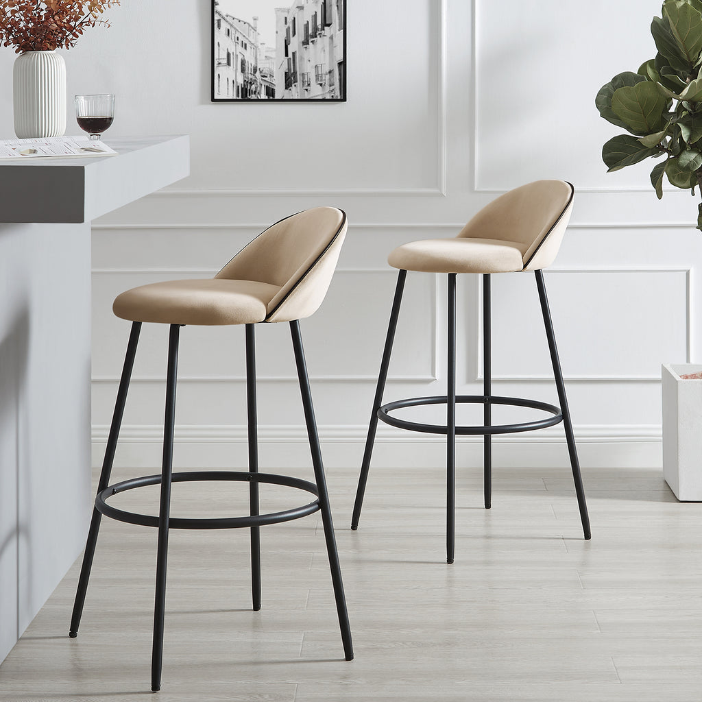Barton Set of 20 Champagne Velvet Upholstered Bar Stools with Contrast Piping