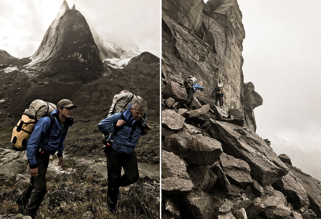 Ultralight backpackers climbing a rock face