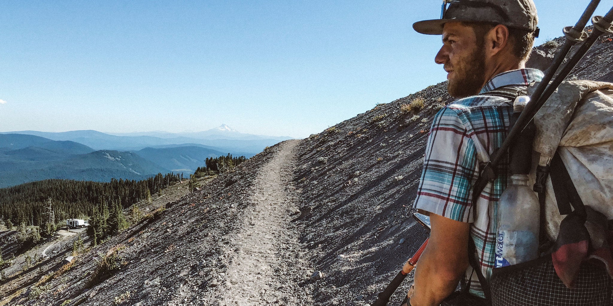 Ultralight backpacker on rocky trail