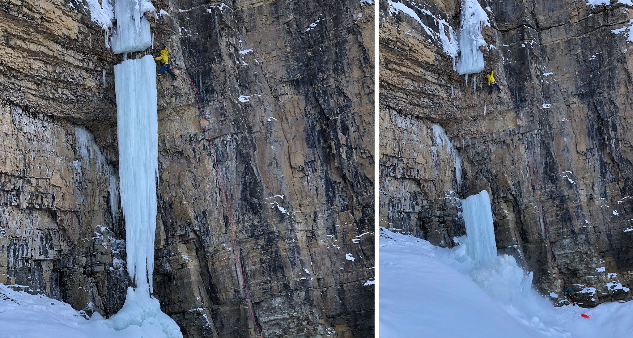 Ice climber dry tooling beside a frozen waterfall