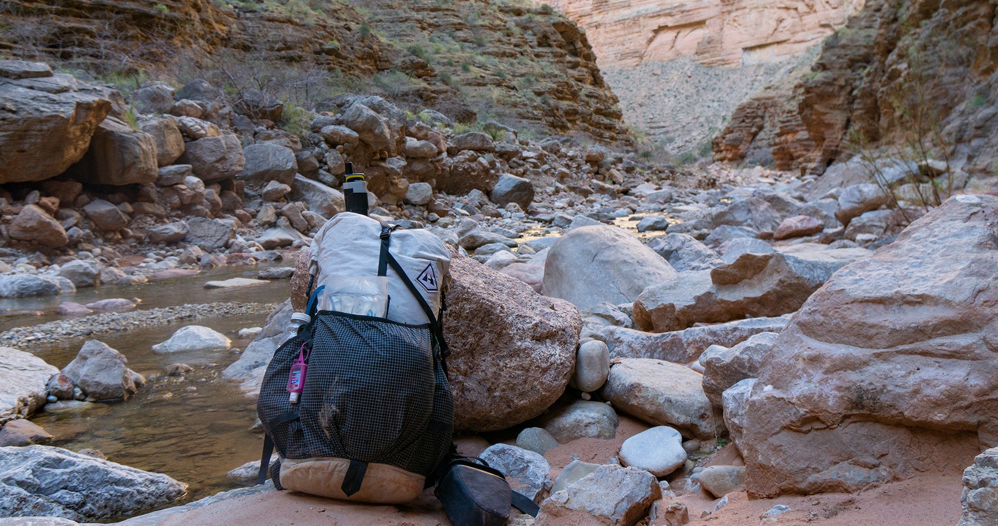Hyperlite Mountain Gear 3400 Southwest Ultralight Backpack propped up against some rocks