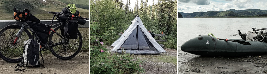 Images of a bike, ultralight shelter, and packraft