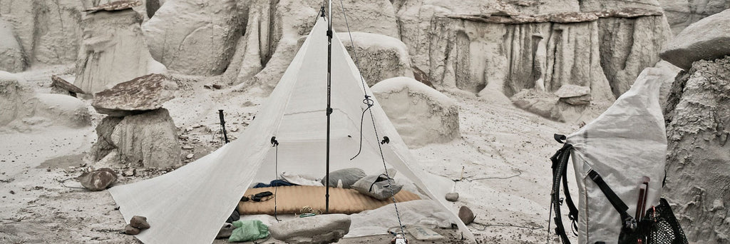 Hyperlite Mountain Gear Ultralight Tent set up amongst the rocks