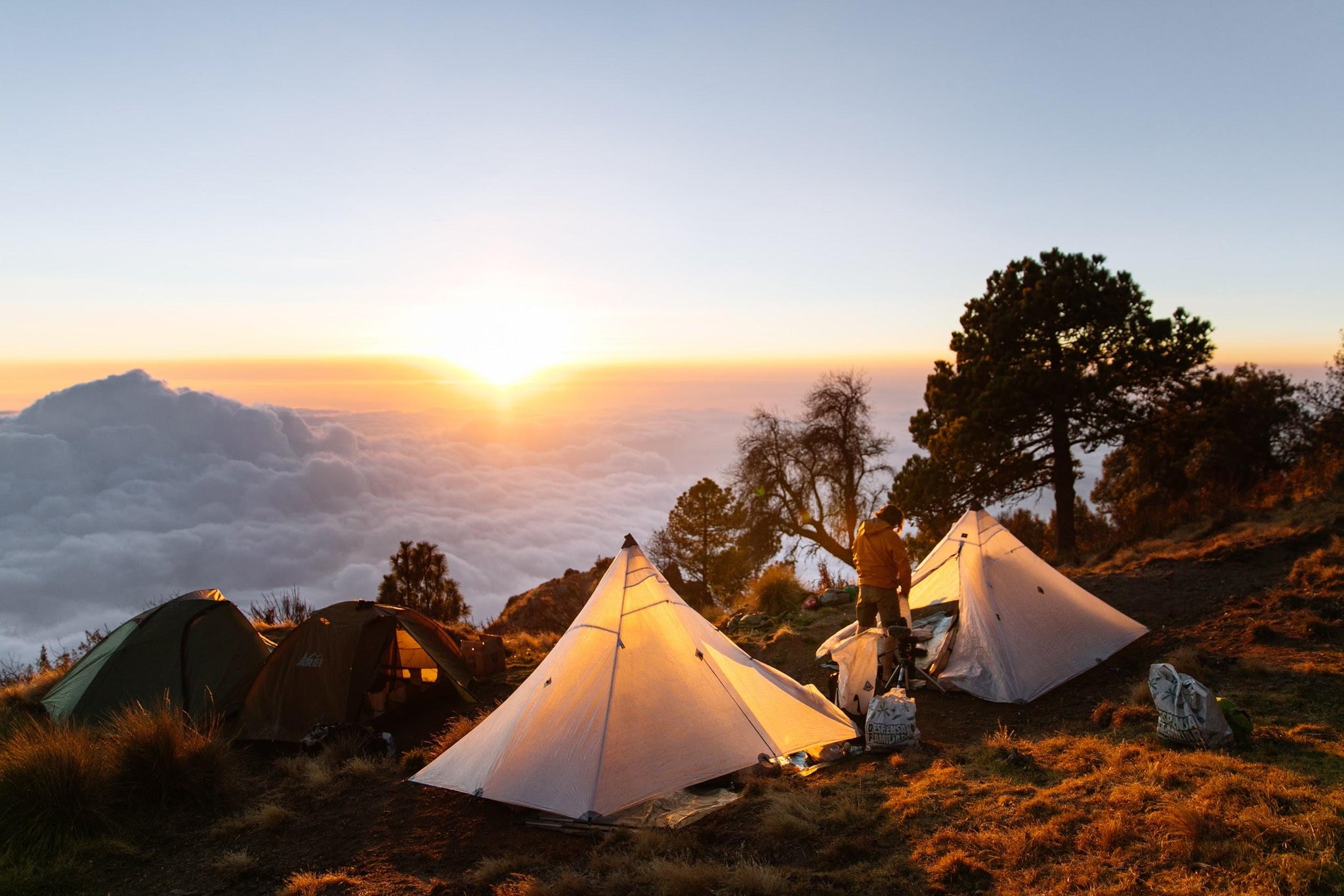 Ultralight tents pitched above the clouds