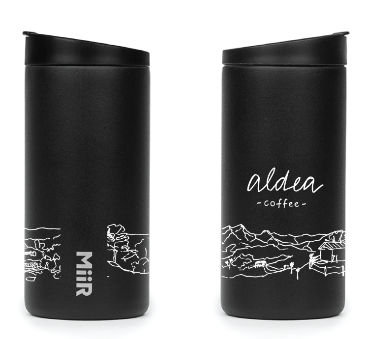 A mockup of the Aldea Coffee Miir Travel Tumbler. 