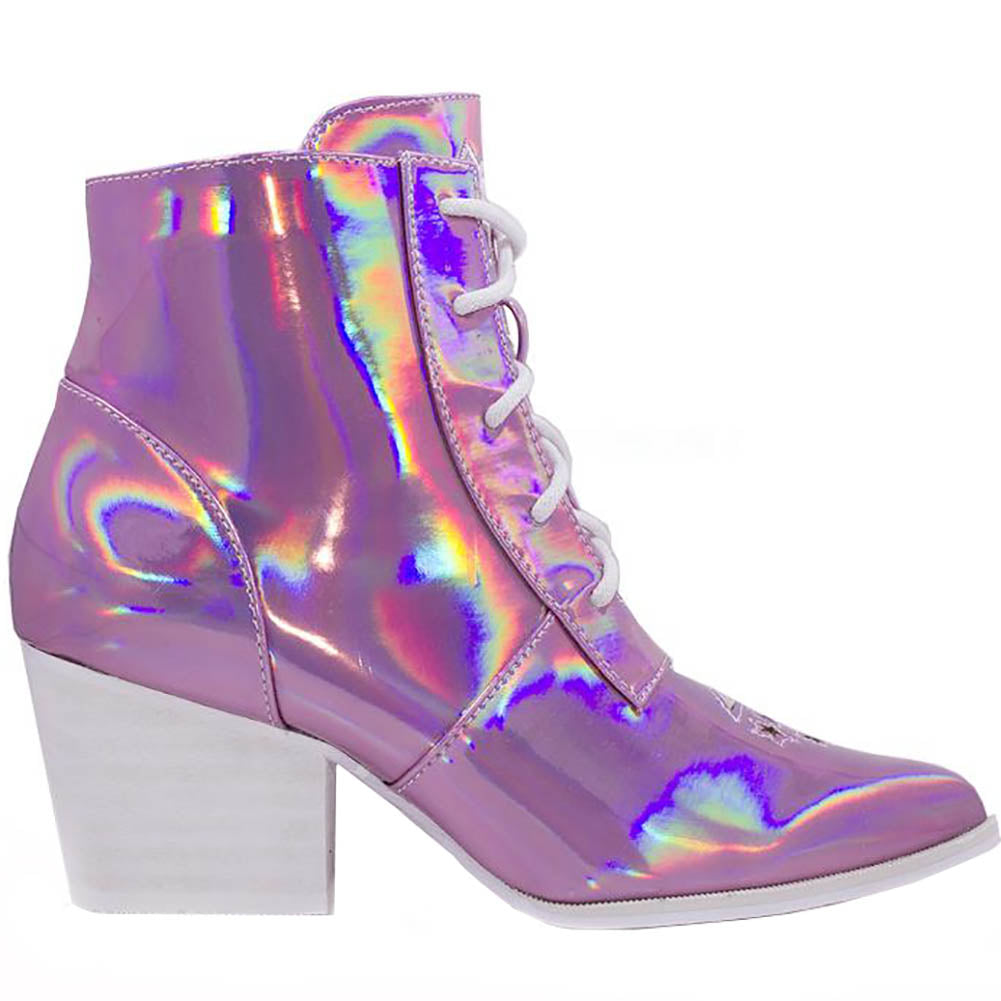 Y.R.U. Aura Hologram Witch Boots in Pink