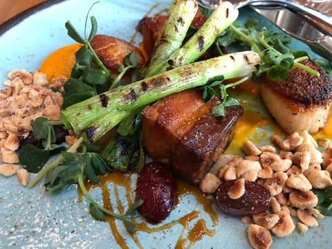 Pork belly, spring onion, scallop on butternut puree - awesome farm to table lunch