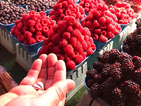 Raspberries on display at Granville Island Market in Vancouver