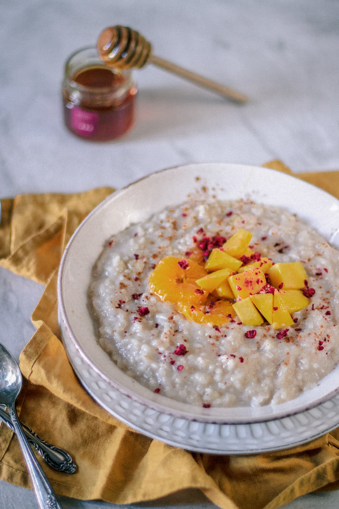 Coconut Rice Pudding with Mangos and Honey