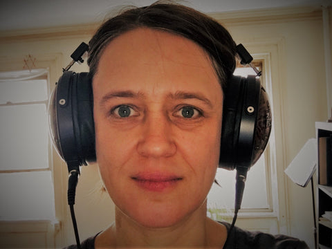 Ingrid Laubrock with her LCD-XC headphones
