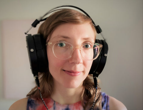Mary Halvorson with her LCD headphones
