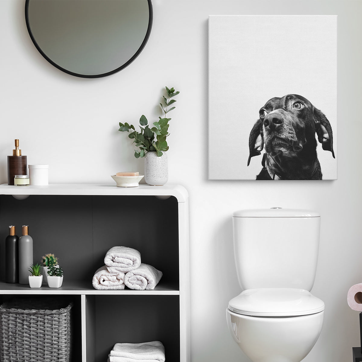 Photo of Dog Printed on Canvas and Hanging in Bathroom Above Toilet