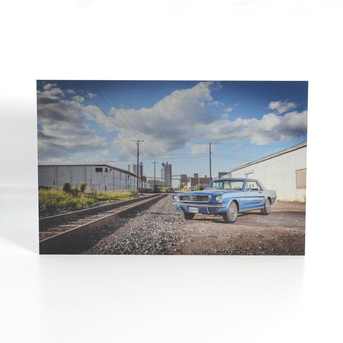 1966 Ford Mustang by Train Tracks in Alberta - Printed on Classic Silver Metal Print