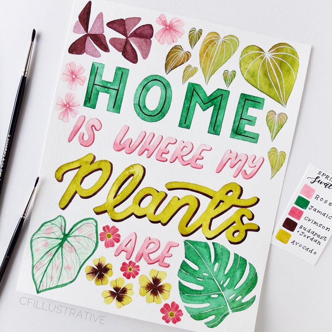 Hand Lettering Watercolour Painting - Home is Where My Plants Are