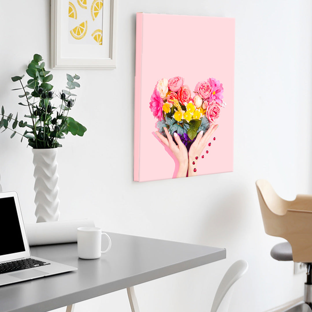 Posterjack Canvas Print of Heart-Shaped Flower Bouquet in Vibrant Pink Colours