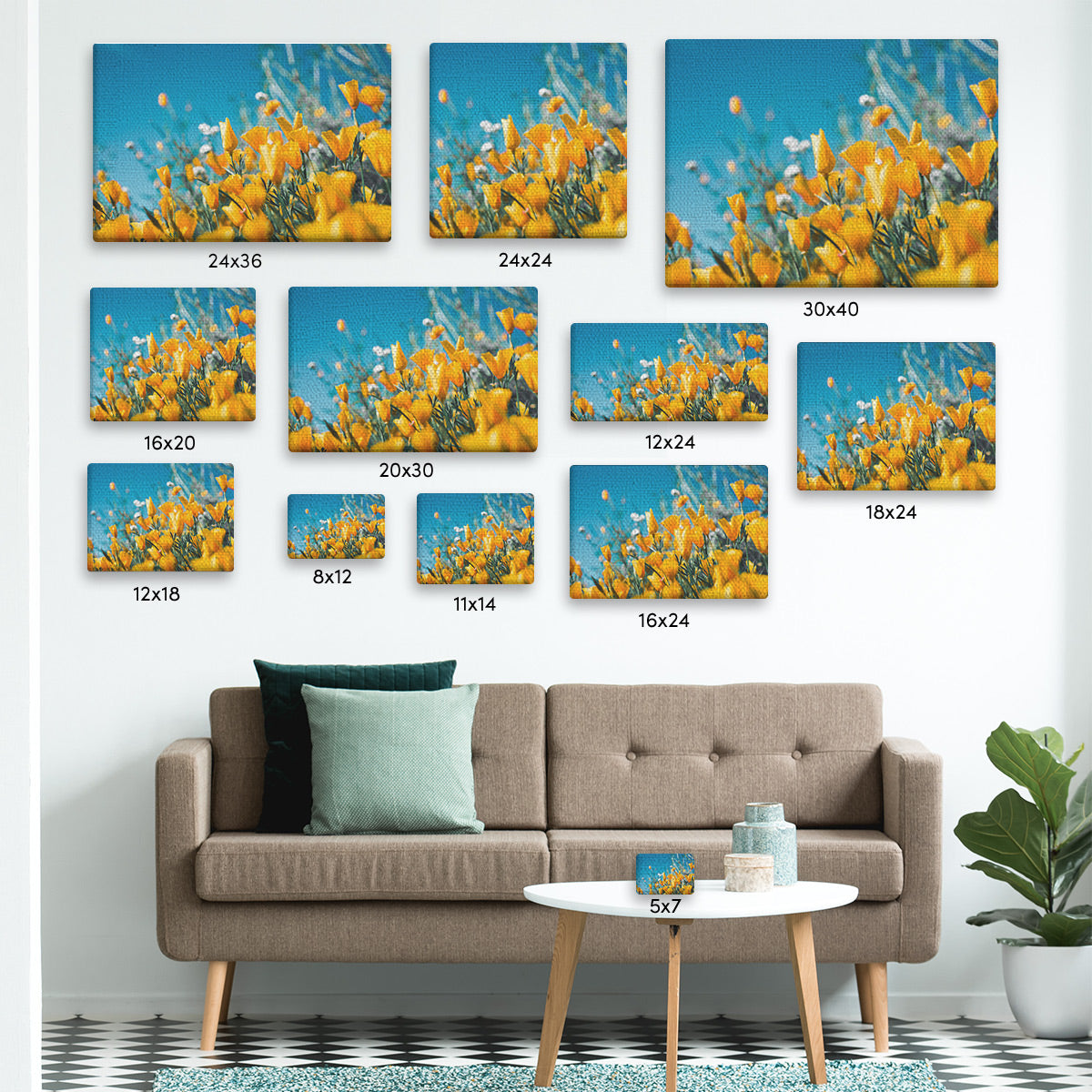 Standard Canvas Print Sizes Compared on a Wall - Posterjack Canada