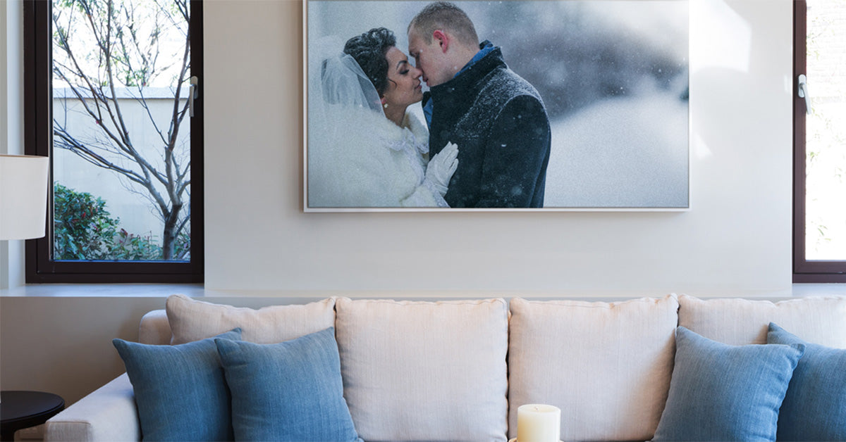 Wedding Photo Framed Canvas Print Displayed Above a Sofa