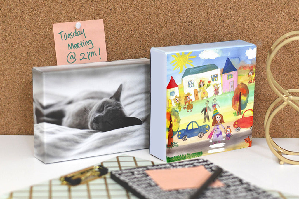 Posterjack Canvas Minis Displaying a Child's Artwork and Cat Photo