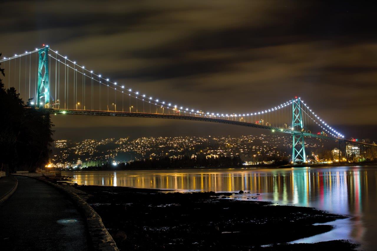 Lion's Gate Bridge at night with reflections on the water, illustrating low-light photography techniques