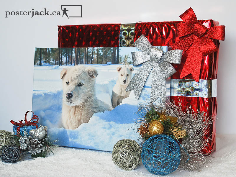 Posterjack Canvas Print with Christmas gifts and holiday decorations in snow