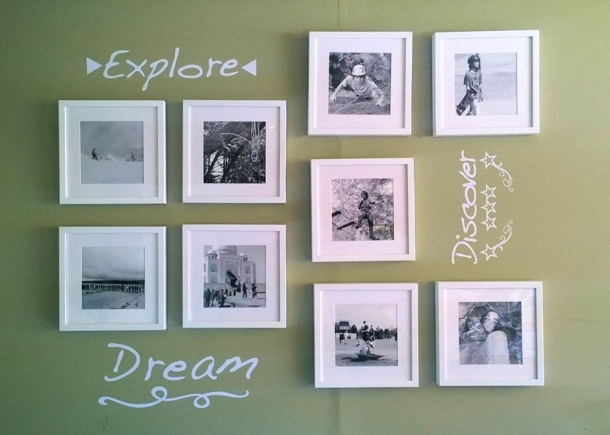 Room makeover project - Posterjack Framed Prints photo gallery wall of life's adventures and the words "explore, dream, discover"